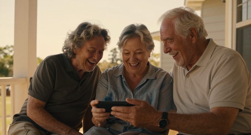 Three generations of a family laugh together over photos on a phone on a sunlit porch.