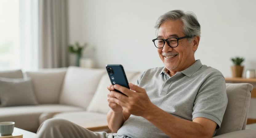An older man with glasses smiles at his smartphone while relaxing in a bright living room.