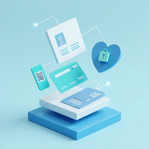 A minimalist illustration of connected security credentials on a geometric platform.