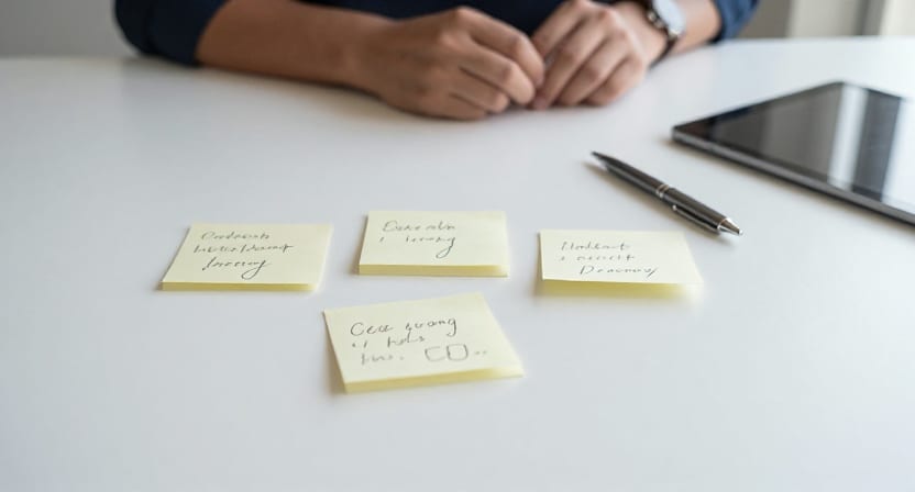 A clean minimalist desk with handwritten sticky notes, a pen, and a tablet.