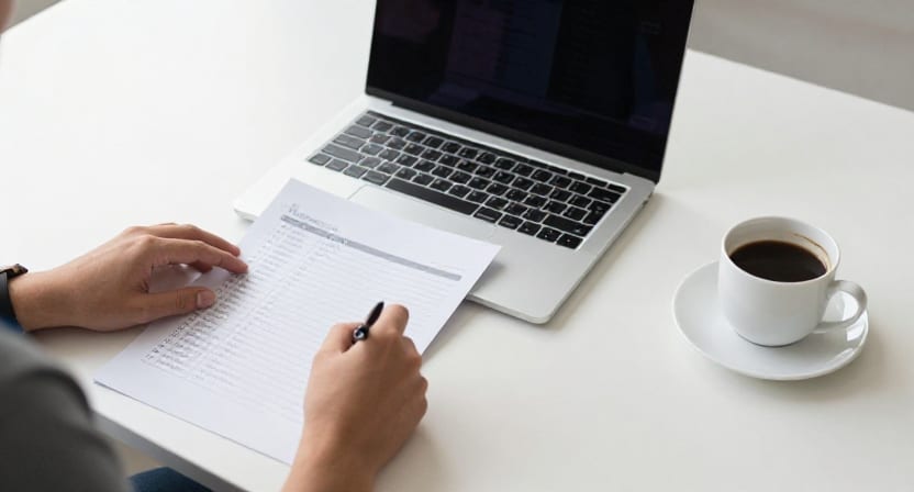 A person ticks items on a paper checklist beside a laptop and a cup of coffee.