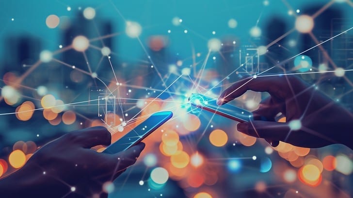 Two hands holding phones connected by a sparkling digital line, symbolizing a call in progress.
