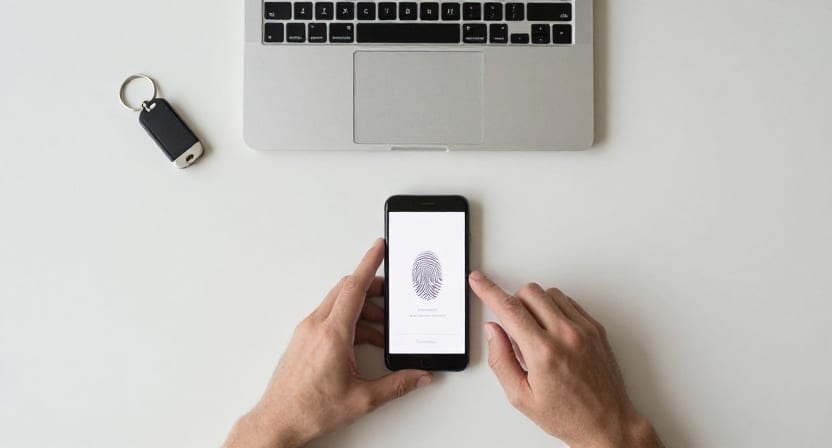 An overhead view of hands holding a phone with a fingerprint prompt beside a hardware security key and a laptop.