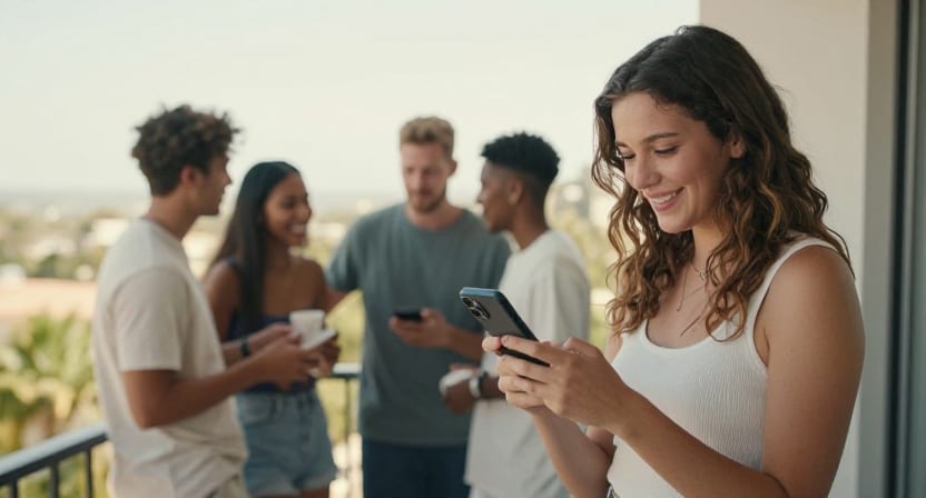 A young woman smiles at her phone on a sunny balcony while a small group of friends chats behind her.