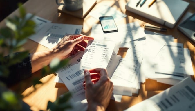 Sunlight streaming across a desk while hands sort through documents and a smartphone.
