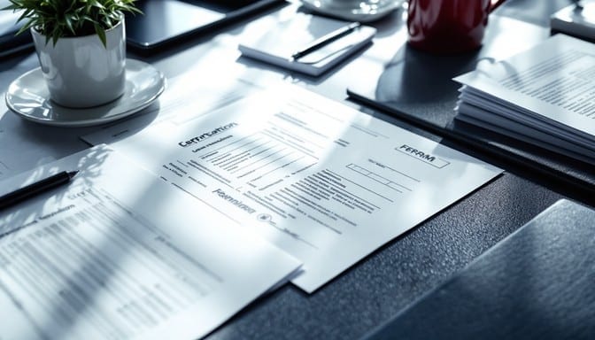 Business forms and documents arranged on a desk, ready to be signed and submitted.