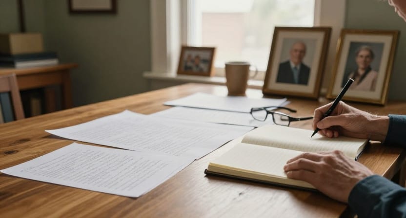 A wooden desk in a warm study with handwritten notes, a notebook, reading glasses, and framed family portraits.