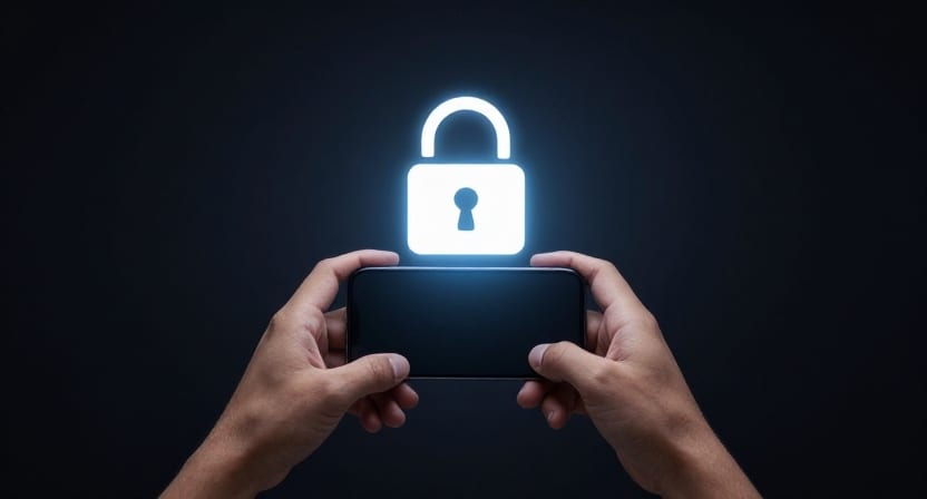 Two hands hold a smartphone beneath a glowing padlock symbol against a dark background.