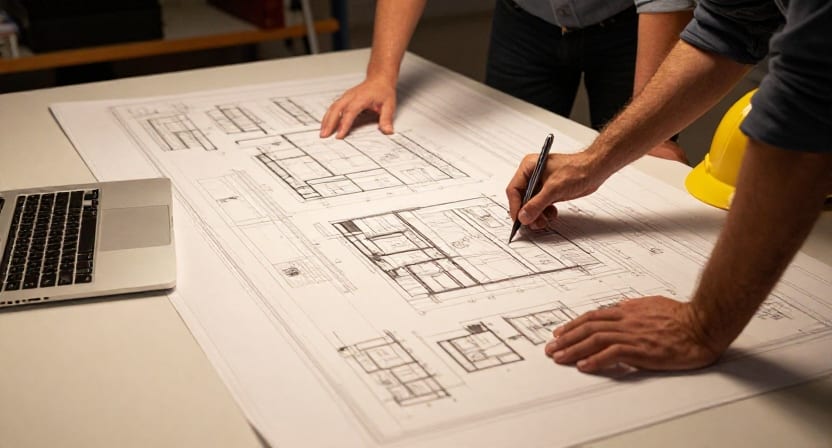 Two engineers mark up large paper blueprints and system diagrams on a table beside a laptop.