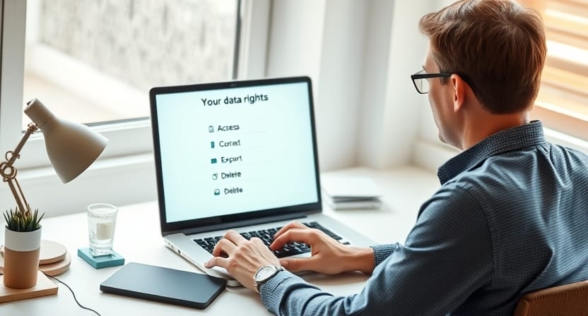 A person points toward a circular digital interface about exercising data rights.