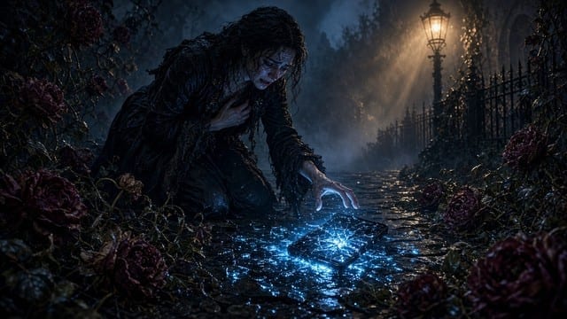 A figure kneeling beside a shattered phone on a rain-soaked street, surrounded by a soft blue mist.