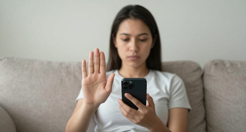 A calm woman on a sofa raises her hand in a stop gesture while holding her phone.