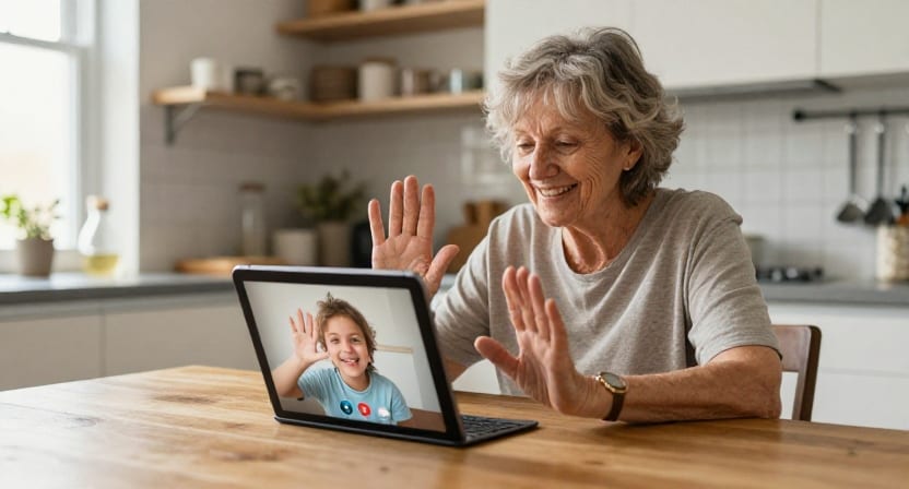 A grandmother waves at her grandchild on a video call on a tablet.