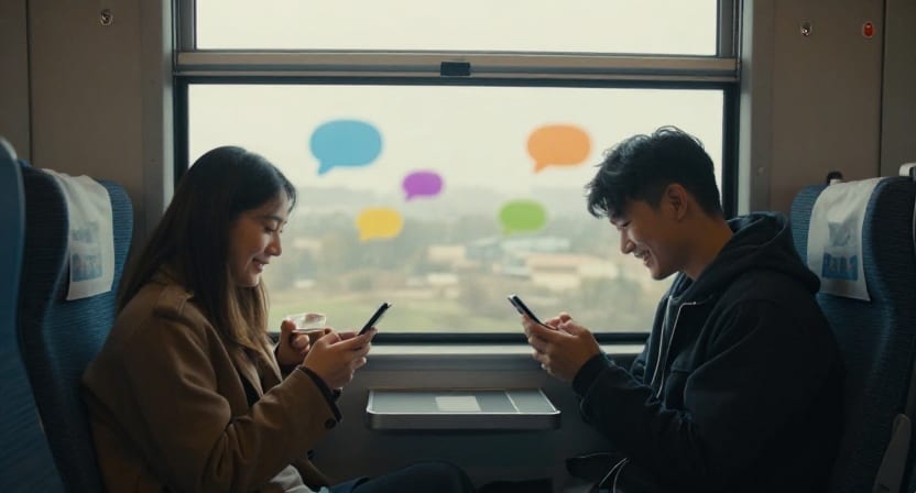 Two friends on a train smile at their phones while messaging.