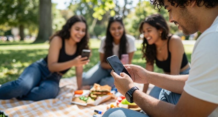 Friends on a picnic blanket in a park share photos on their phones.