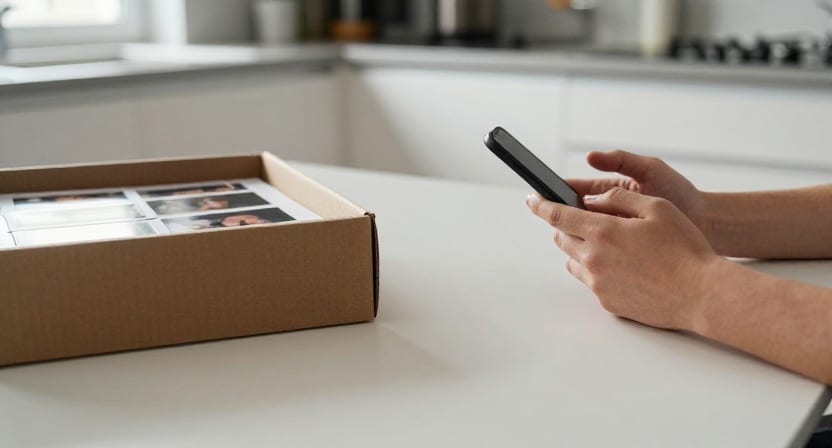 A person at a kitchen table holds their phone beside a box of printed photos.