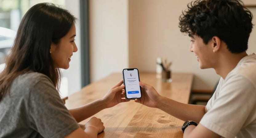 Two friends at a cafe table smile as one shows the other a phone.