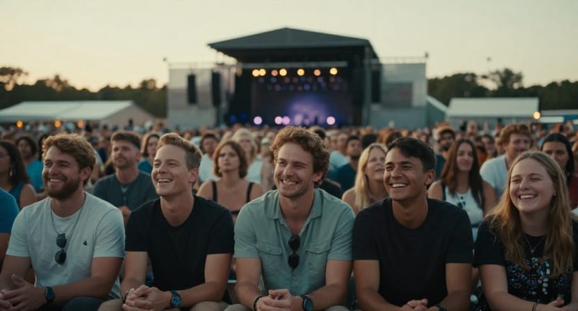 A group of close friends laughing in the front row of a large outdoor concert crowd.