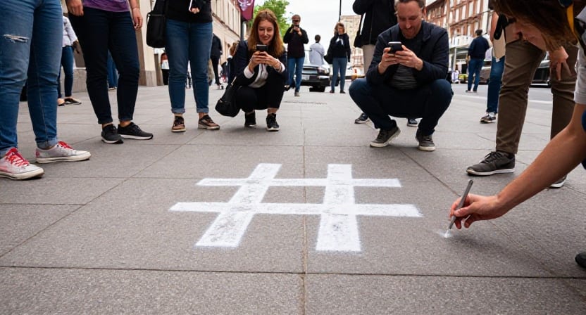 A person chalks a large hash symbol on a pavement while passers-by photograph it.