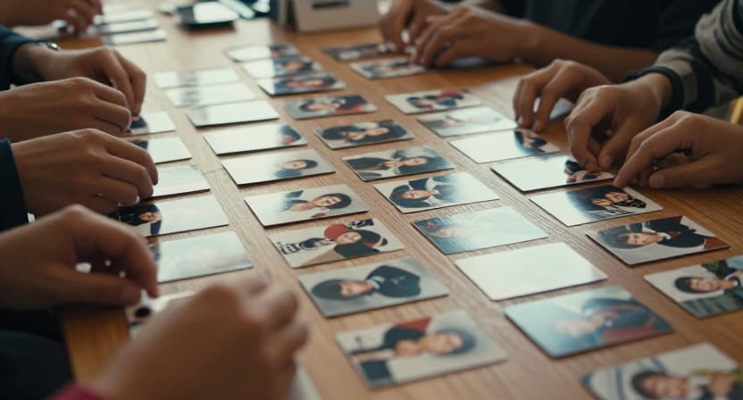 Hands arranging printed photo cards in rows on a wooden table.