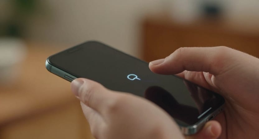 Hands holding a smartphone showing a small key symbol on its screen.