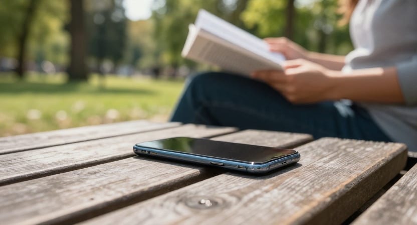 A phone lies on a park bench while its owner reads a book nearby.