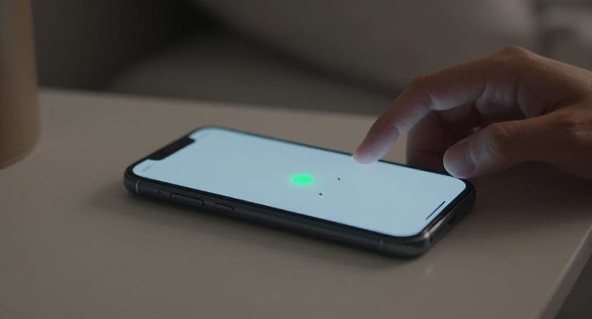 A phone on a table showing a small green dot on its screen.