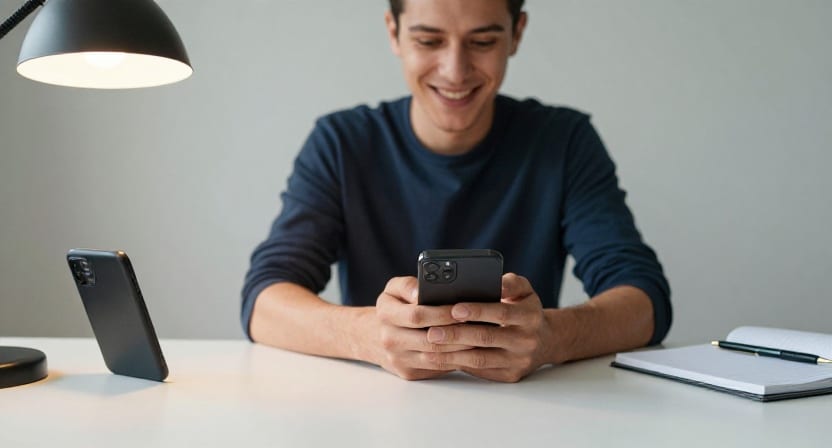 A smiling man at a desk sets up his phone beside a second device and a notebook.