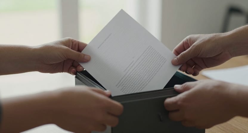Hands place a printed sheet into a small document box for safekeeping.