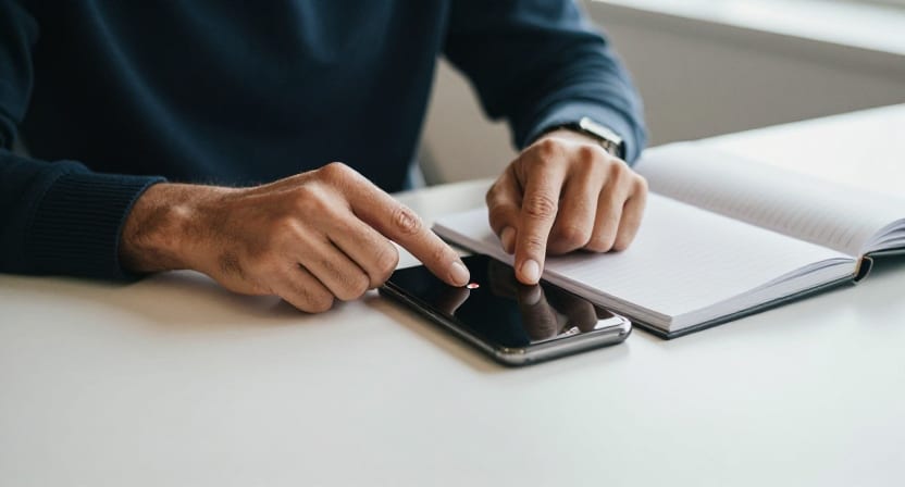 A person taps their phone beside an open notebook at a desk.