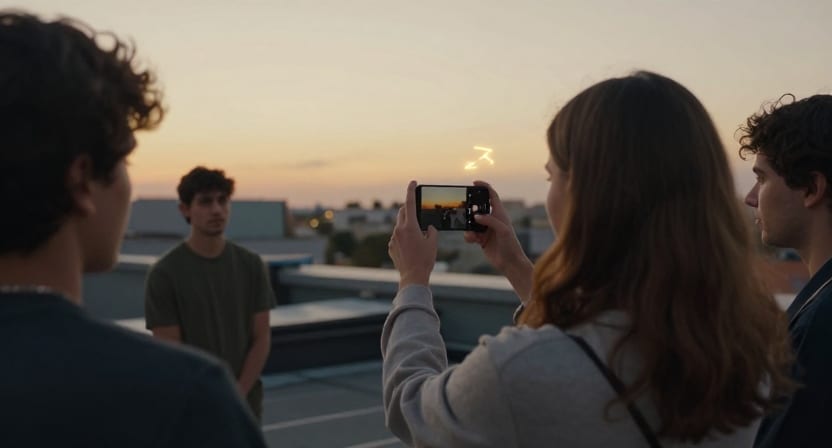 Friends on a rooftop at sunset while one holds up a phone to share a photo.