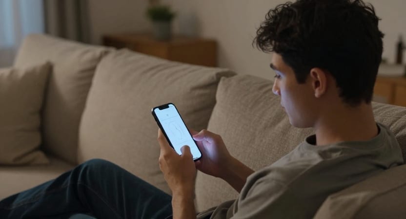 A young man on a sofa glances at his phone as it unlocks.