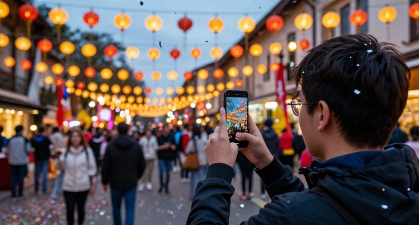 A young person films a lantern-lit street festival on their phone.