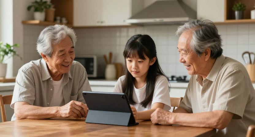 Two older relatives and a young girl sit at a kitchen table looking at a tablet together.