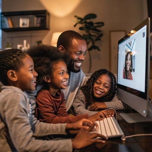 A smiling family enjoying a video call with a loved one on a computer at home.