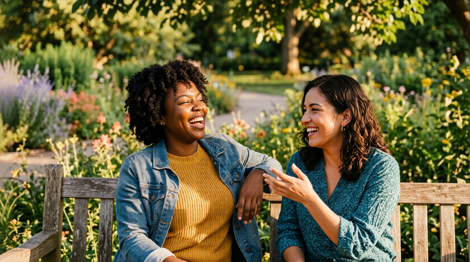 A group of friends laughing together outdoors at sunset, sharing a warm moment.