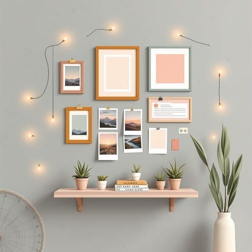 A cozy gallery wall of framed photographs, string lights, and small potted plants.