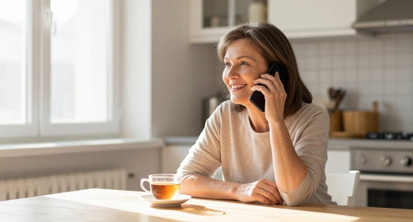A smiling woman at a sunlit kitchen table listens to a message on her phone beside a cup of tea.