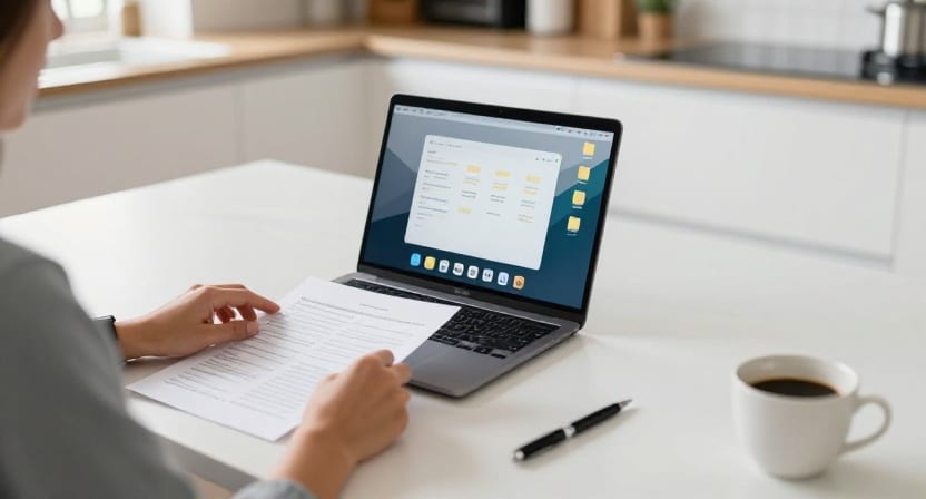 A woman at a kitchen table reviews a printed report beside a laptop showing organised folders.