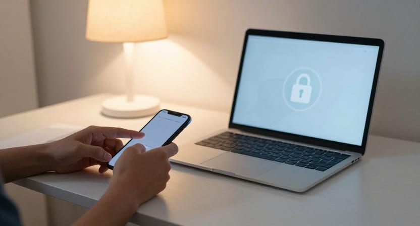A person unlocks a smartphone at a lamp-lit desk beside a laptop showing a padlock icon.