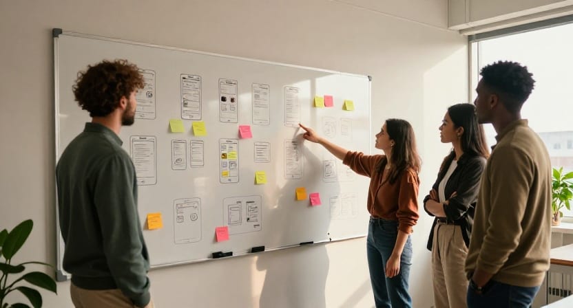 A small product team gathered at a whiteboard of hand-drawn app screen sketches and sticky notes.