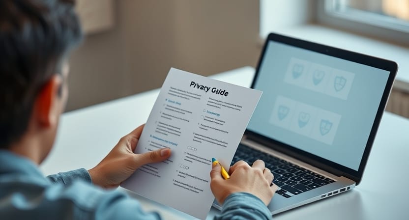 A person reviewing a privacy guide at a desk beside a laptop and highlighter.