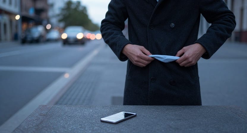 A person on a city street at dusk checks an empty coat pocket while their phone lies on the pavement.