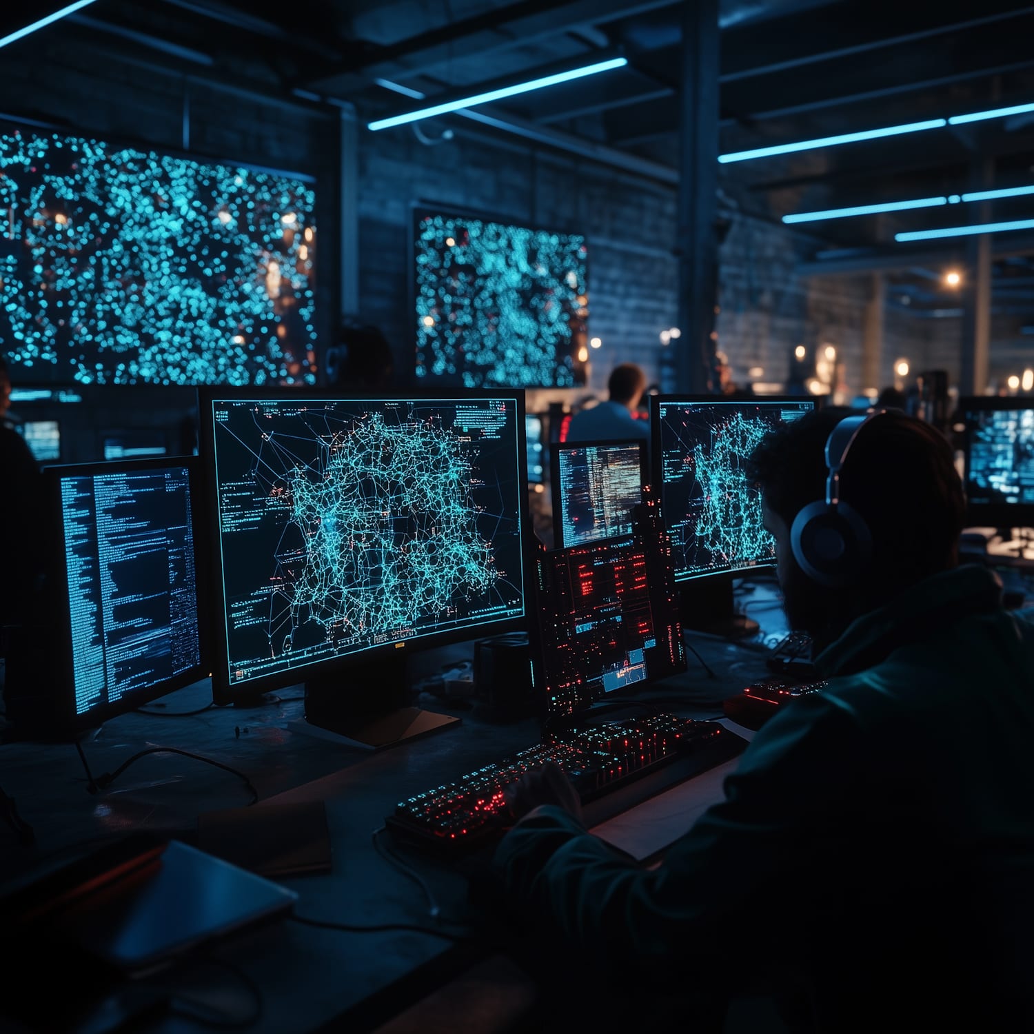 A cybernetic workstation with multiple displays, representing engineering and product systems work.