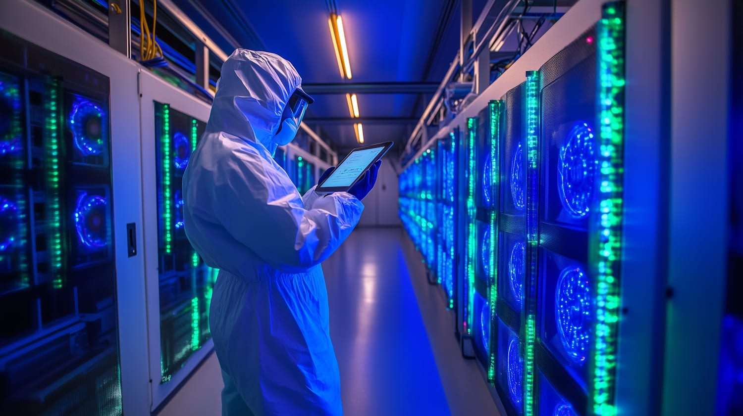 A professional monitoring critical systems in a server room, illustrating account-security operations.