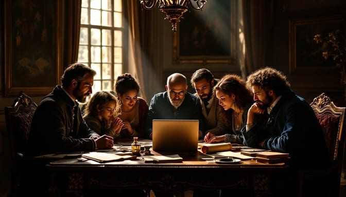 Warm light streaming through tall windows onto a family reviewing documents together.