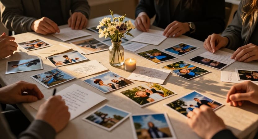 Family members arrange photographs and handwritten letters around flowers and a lit candle on a table.