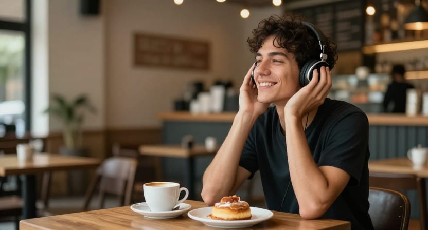 A smiling person listens to music through headphones at a cafe table with coffee and a pastry.