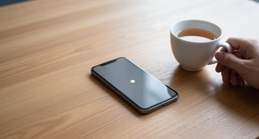A smartphone resting quietly on a wooden table beside a cup of tea, showing a single soft notification glow.