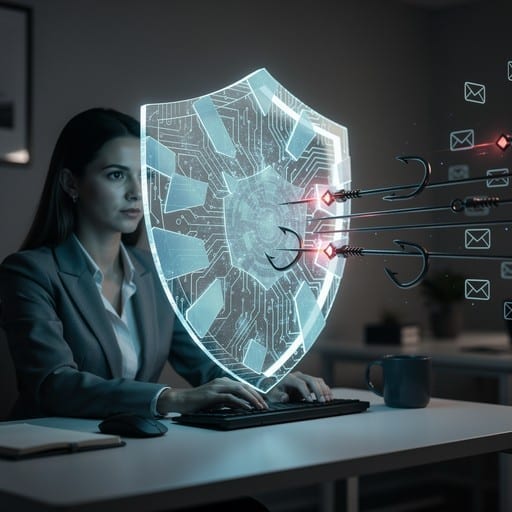 A defensive cybersecurity-style interface symbolizing online safety and abuse prevention.
